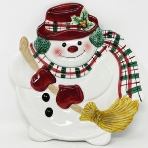 Fitz and Floyd Plaid Christmas Snowman Canape Plate 2063/126 New